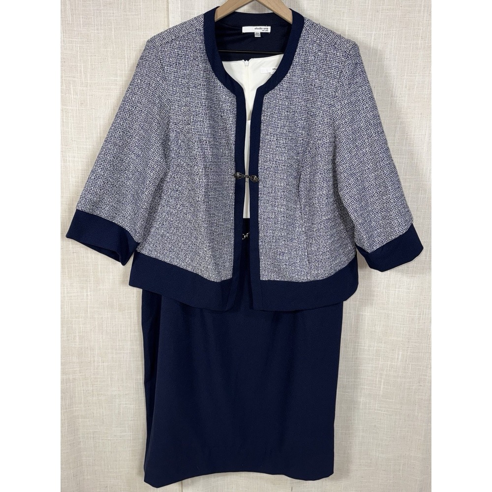 Studio One Navy Tweed Women's Sz 20 2 Pc Dress Suit w/ Blazer Career Office